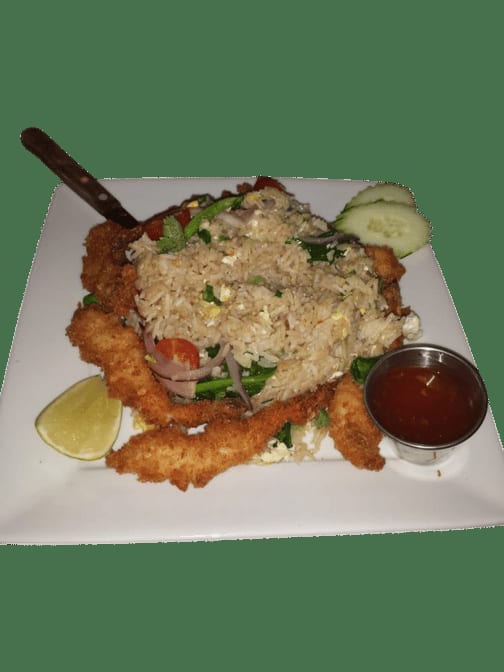 Deep Fried Battered Prawns Fried Rice.